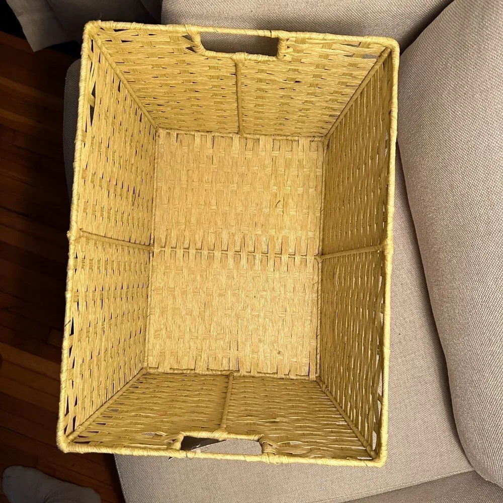 Yellow Woven Cord Tote Basket With Handles
